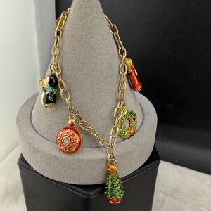 Christopher Radko Christmas Charm Bracelet Gold Tone Angel Penguin Signed‎ 7.5"